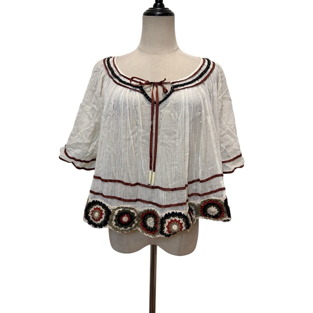 Free People Boho Peasent Top Crochet Trim Gauze Sz Small Cotton Festival Resort